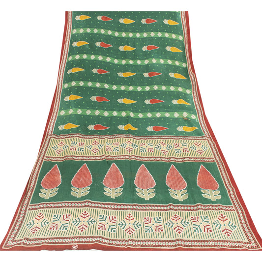 Sanskriti Vintage Sarees Indian Green Pure Cotton Printed Sari 5+yd Craft Fabric