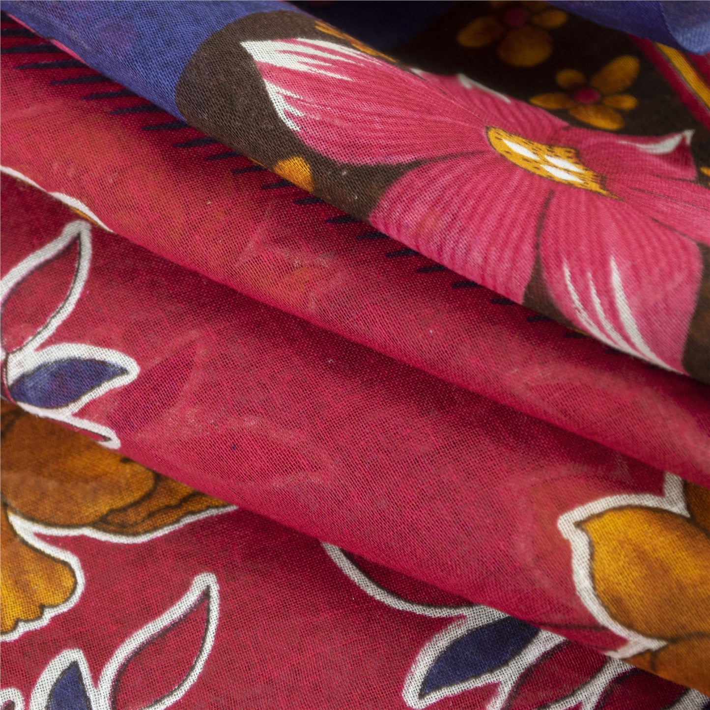 Sanskriti Vintage Sarees Blue & Pink Pure Cotton Printed Sari 5+yd Craft Fabric