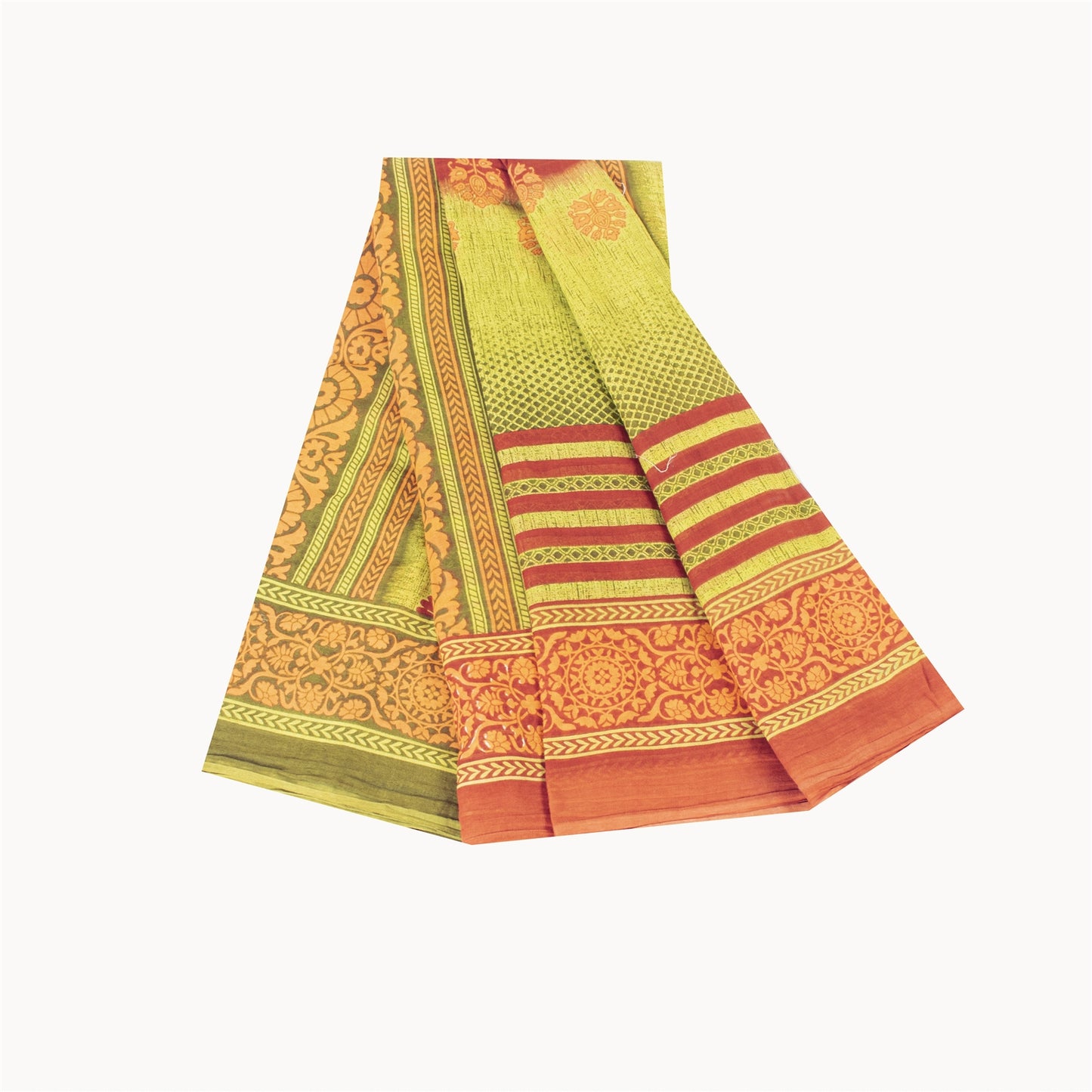 Sanskriti Vintage Sarees Green & Red Pure Cotton Printed Sari 5+yd Craft Fabric