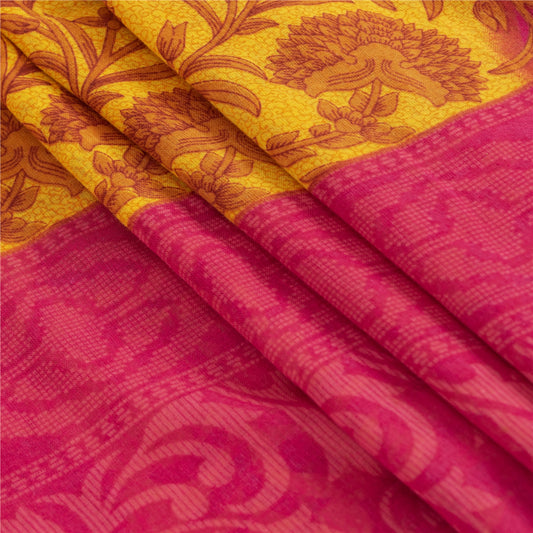 Sanskriti Vintage Sarees Yellow & Pink Pure Cotton Print Sari 5+yd Craft Fabric