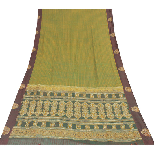 Sanskriti Vintage Sarees Green Pure Cotton Lines Printed Sari 5+yd Craft Fabric