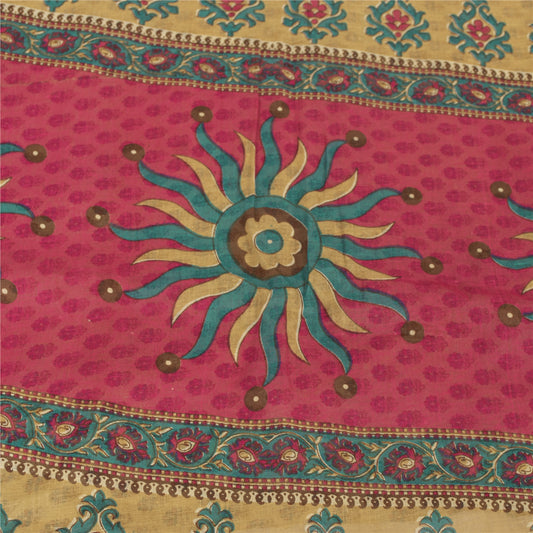 Sanskriti Vintage Sarees Indian Ivory Pure Cotton Printed Sari 5+yd Craft Fabric