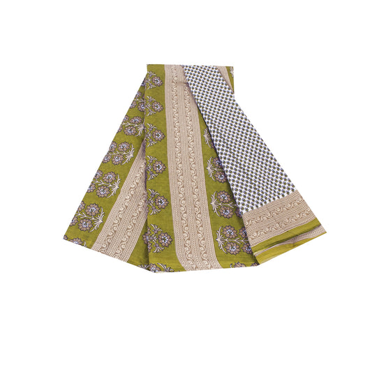Sanskriti Vintage Sarees White & Green Pure Cotton Print Sari 5+yd Craft Fabric