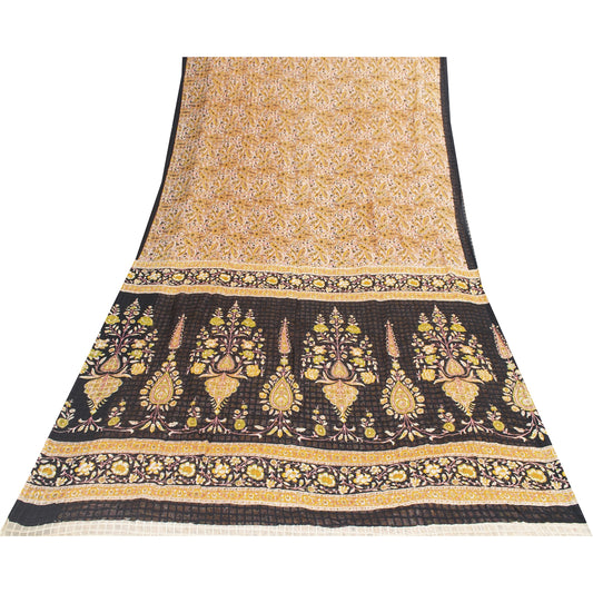 Sanskriti Vintage Sarees White & Yellow Pure Cotton Print Sari 5+yd Craft Fabric