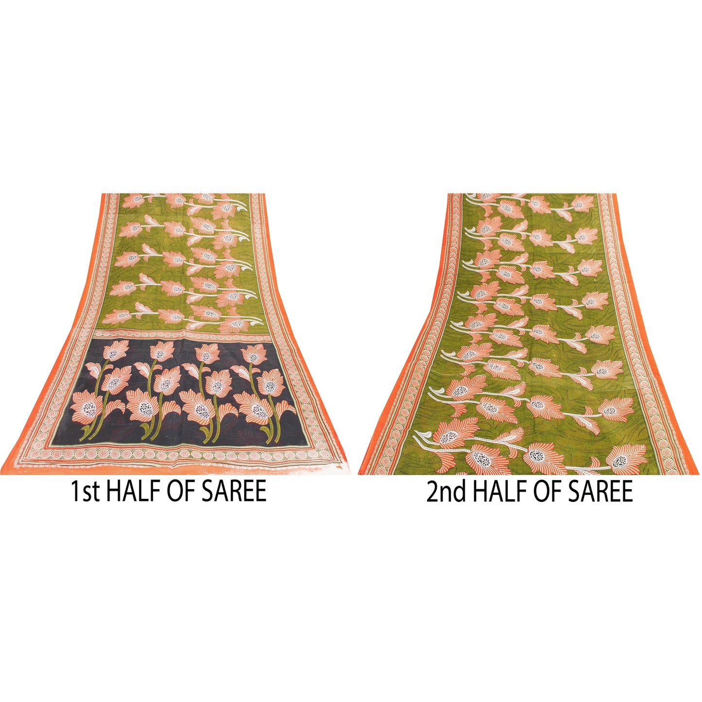 Sanskriti Vintage Sarees Indian Green Pure Cotton Printed Sari 5+yd Craft Fabric