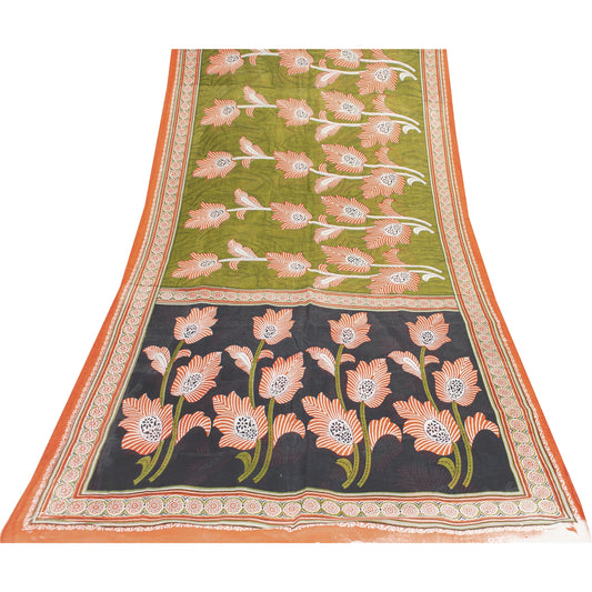 Sanskriti Vintage Sarees Indian Green Pure Cotton Printed Sari 5+yd Craft Fabric