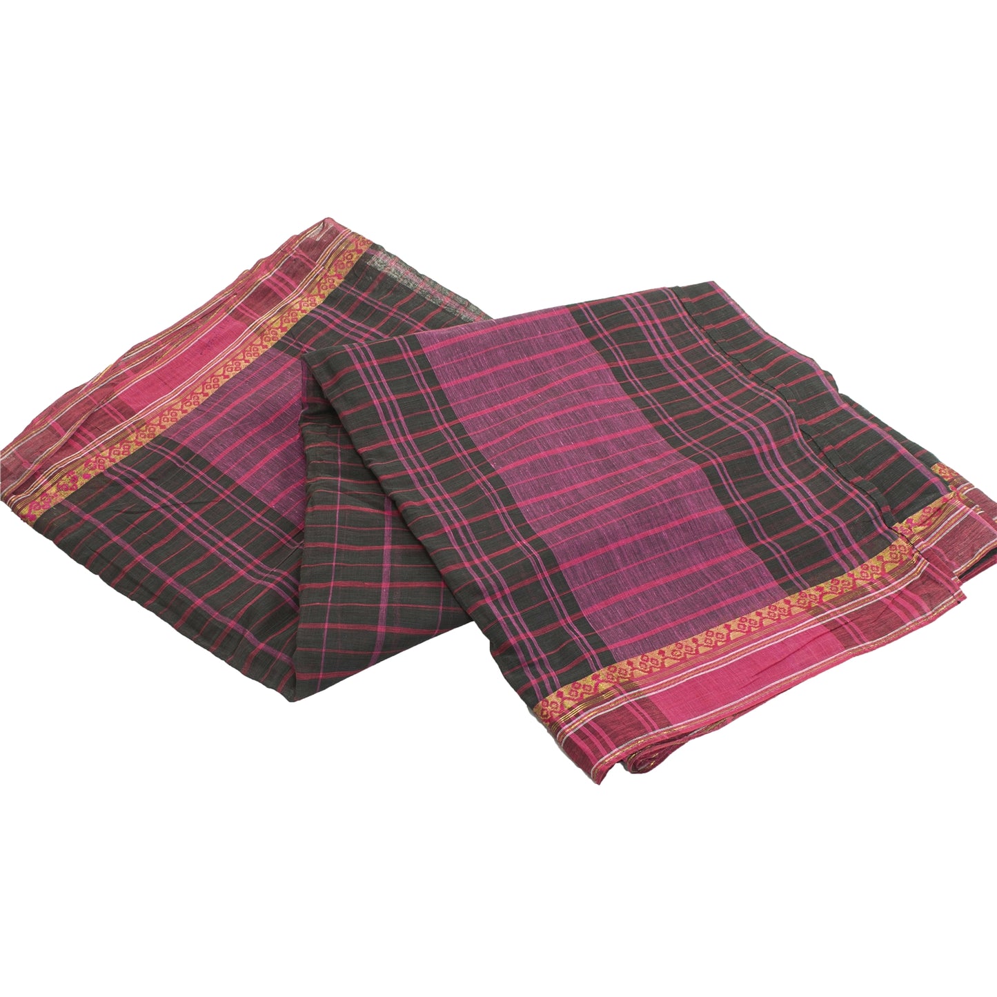 Sanskriti Vintage Sarees Black Pure Cotton Check Woven Sari 5+yd Craft Fabric