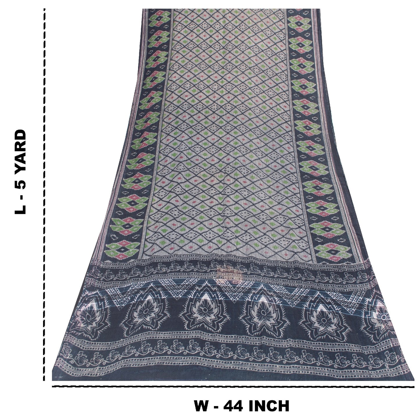 Sanskriti Vintage Sarees Gray & Black Pure Cotton Printed Sari 5+yd Craft Fabric