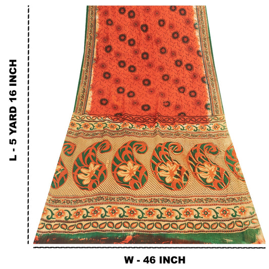 Sanskriti Vintage Sarees Indian Red Pure Cotton Printed Sari 5+yd Craft Fabric