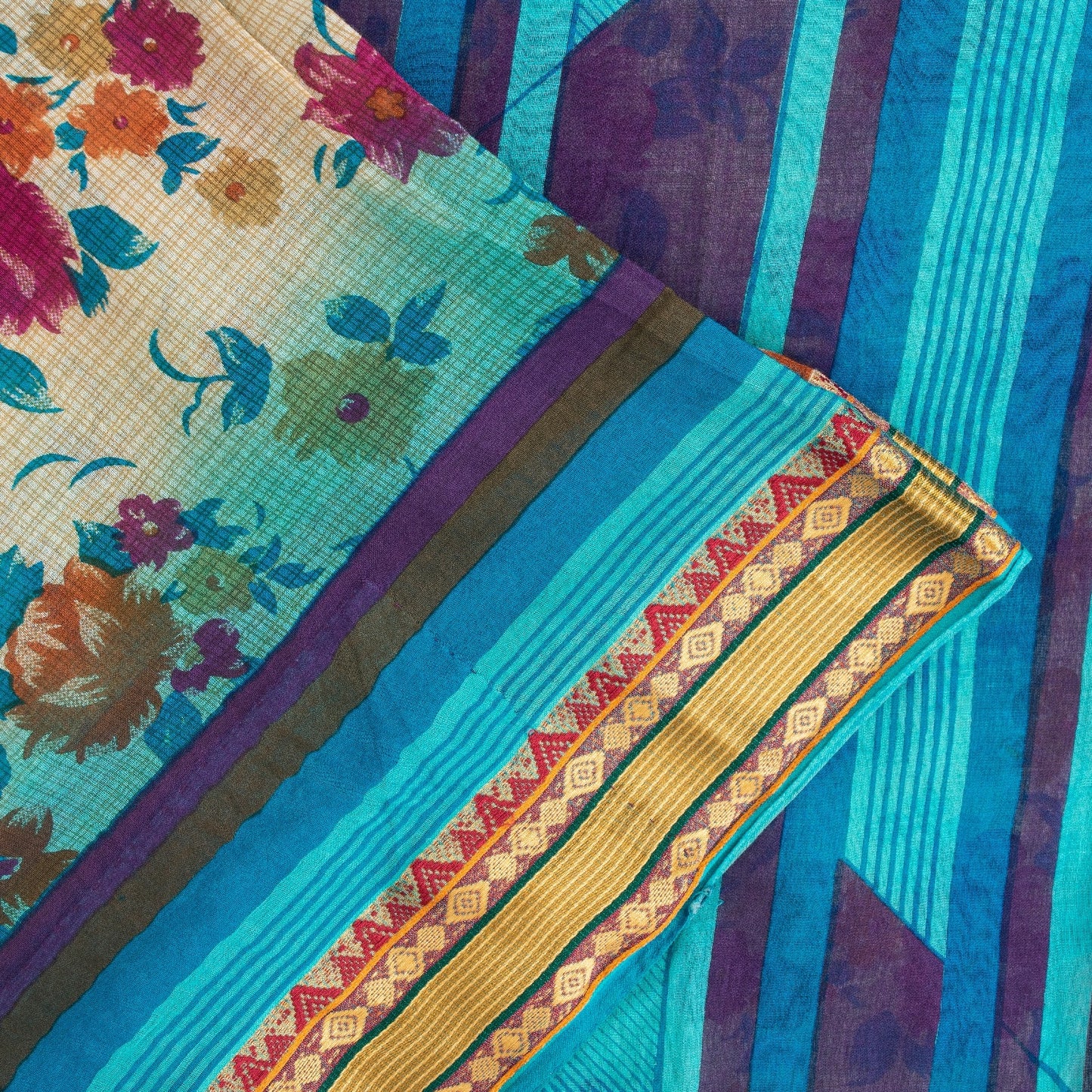 Sanskriti Vintage Sarees Ivory Pure Cotton Floral Printed Sari 5+yd Craft Fabric