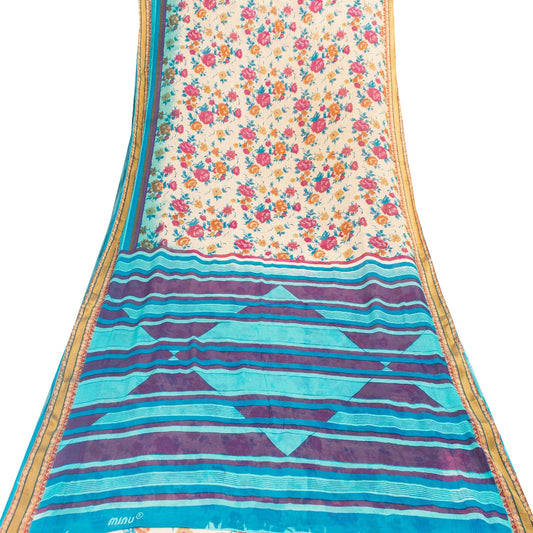 Sanskriti Vintage Sarees Ivory Pure Cotton Floral Printed Sari 5+yd Craft Fabric