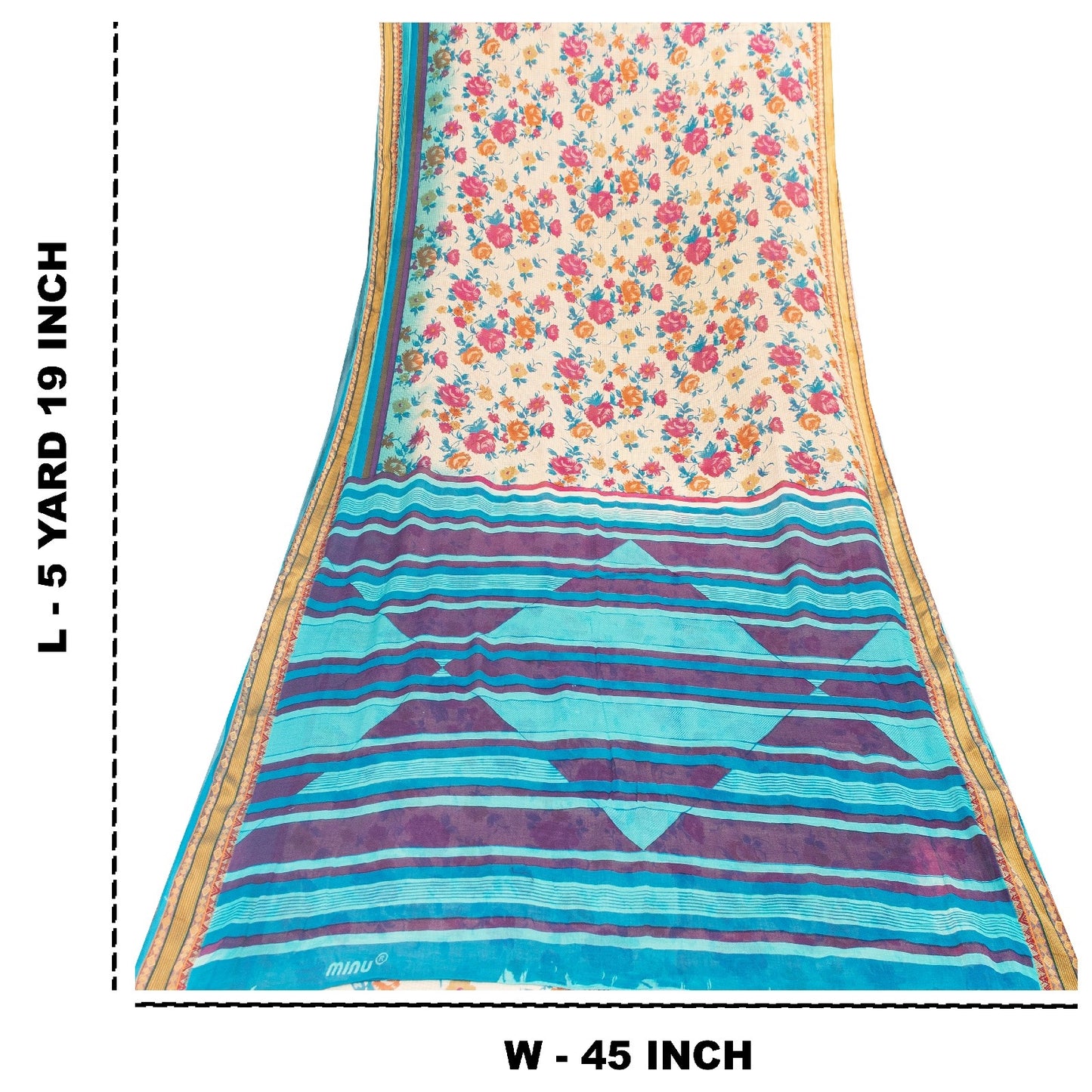 Sanskriti Vintage Sarees Ivory Pure Cotton Floral Printed Sari 5+yd Craft Fabric