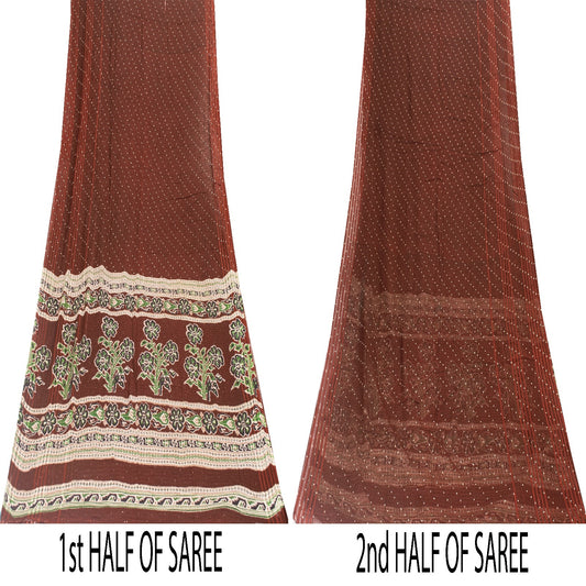 Sanskriti Vintage Sarees Brown 100% Pure Cotton Printed Sari 5+yd Craft Fabric