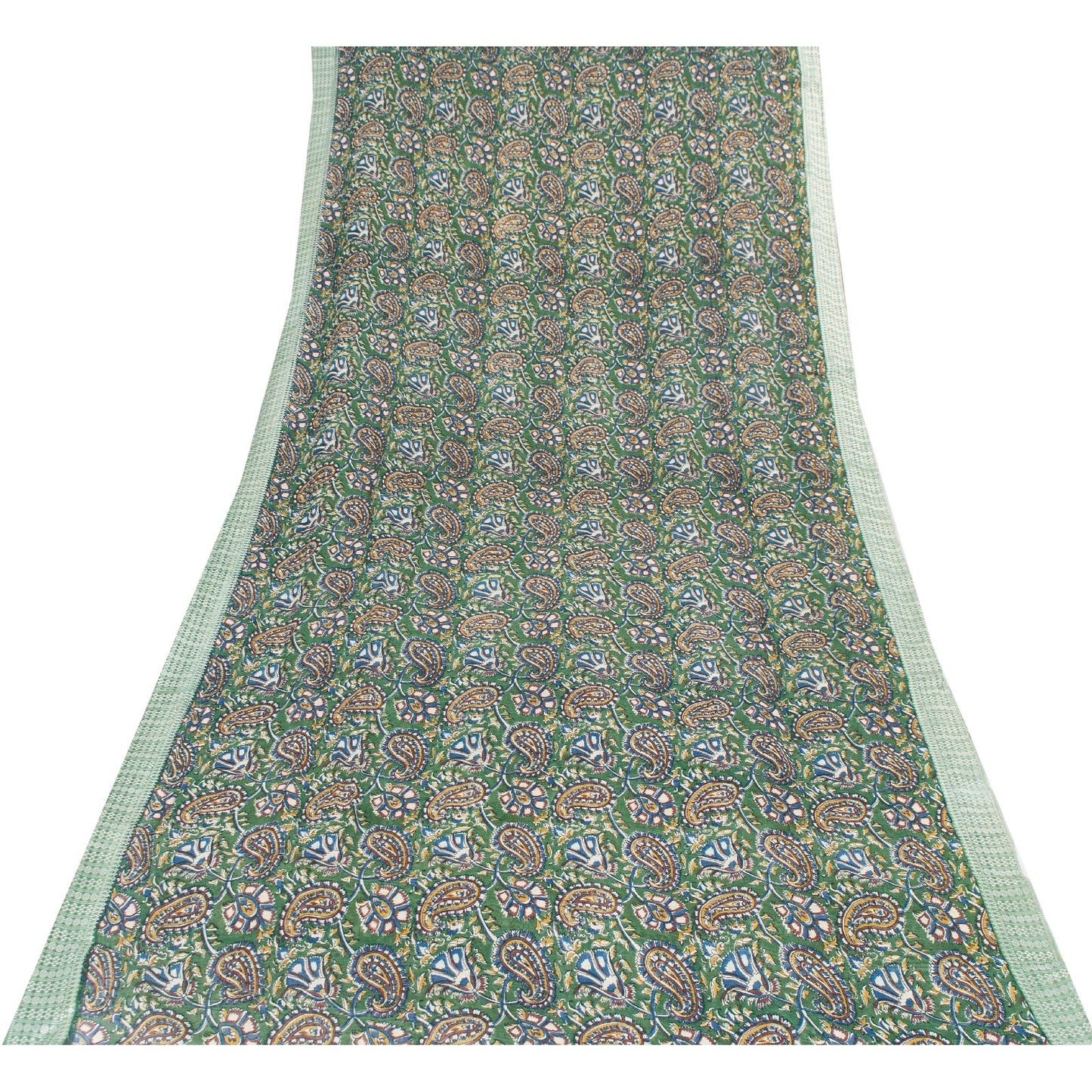 Sanskriti Vintage Sarees Green Pure Cotton Hand Block Kalamkari Print 5+yd Sari