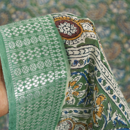 Sanskriti Vintage Sarees Green Pure Cotton Hand Block Kalamkari Print 5+yd Sari