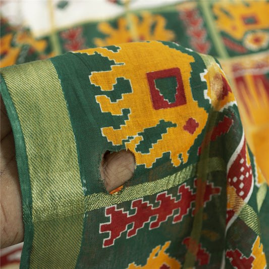 Sanskriti Vintage Sarees White & Green Pure Cotton Patan Patola Sari 5+yd Fabric