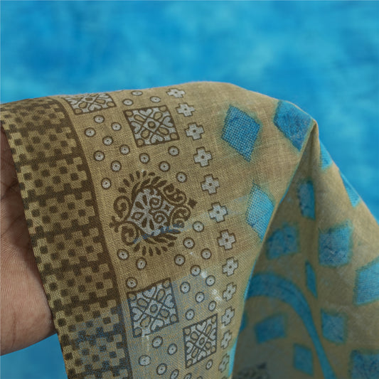 Sanskriti Vintage Sarees Indian Blue Pure Cotton Printed Sari 5+yd Craft Fabric