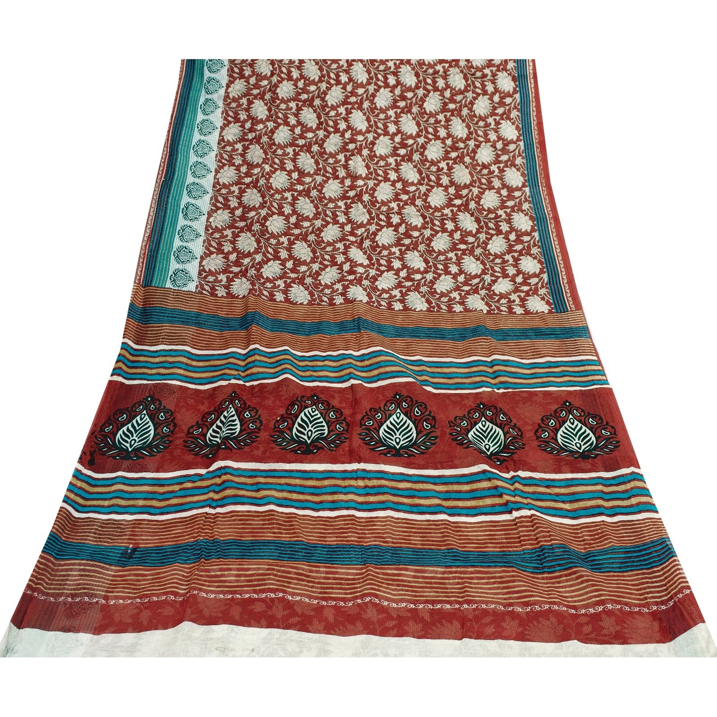 Sanskriti Vintage Sarees Red Pure Cotton Floral Printed 5+yd Sari Craft Fabric