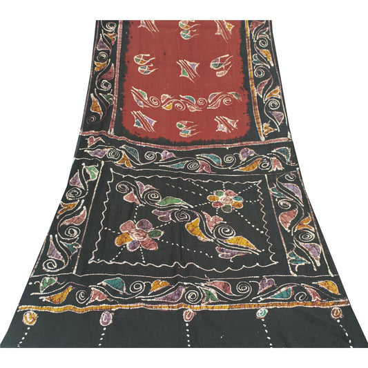 Sanskriti Vintage Sarees Red & Black 100%Pure Cotton Batik Work Sari 5+yd Fabric