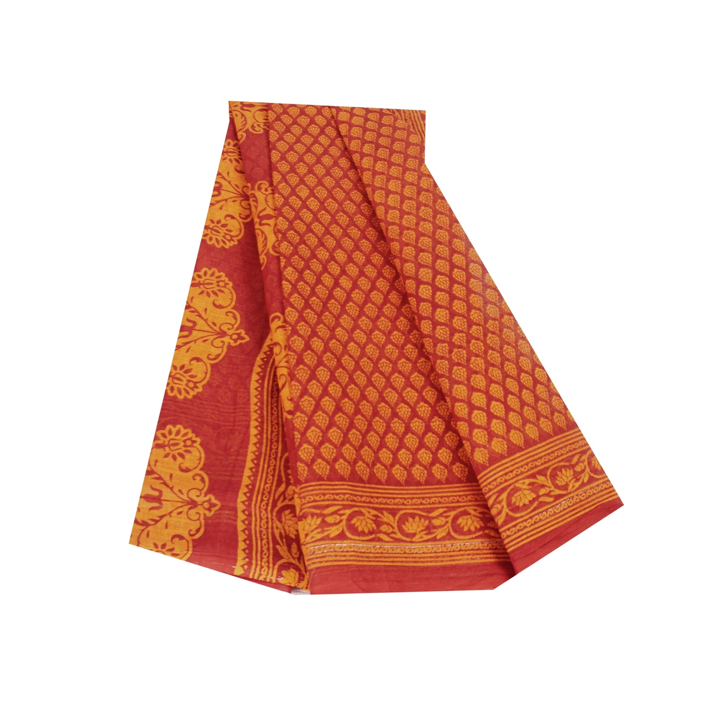 Sanskriti Vintage Sarees Red & Yellow Pure Cotton Floral Block Printed 5+YD Sari