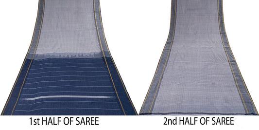 Sanskriti Vintage Saree Gray-Blue Pure Cotton Hand Woven Ikal Sari 6+YD Fabric