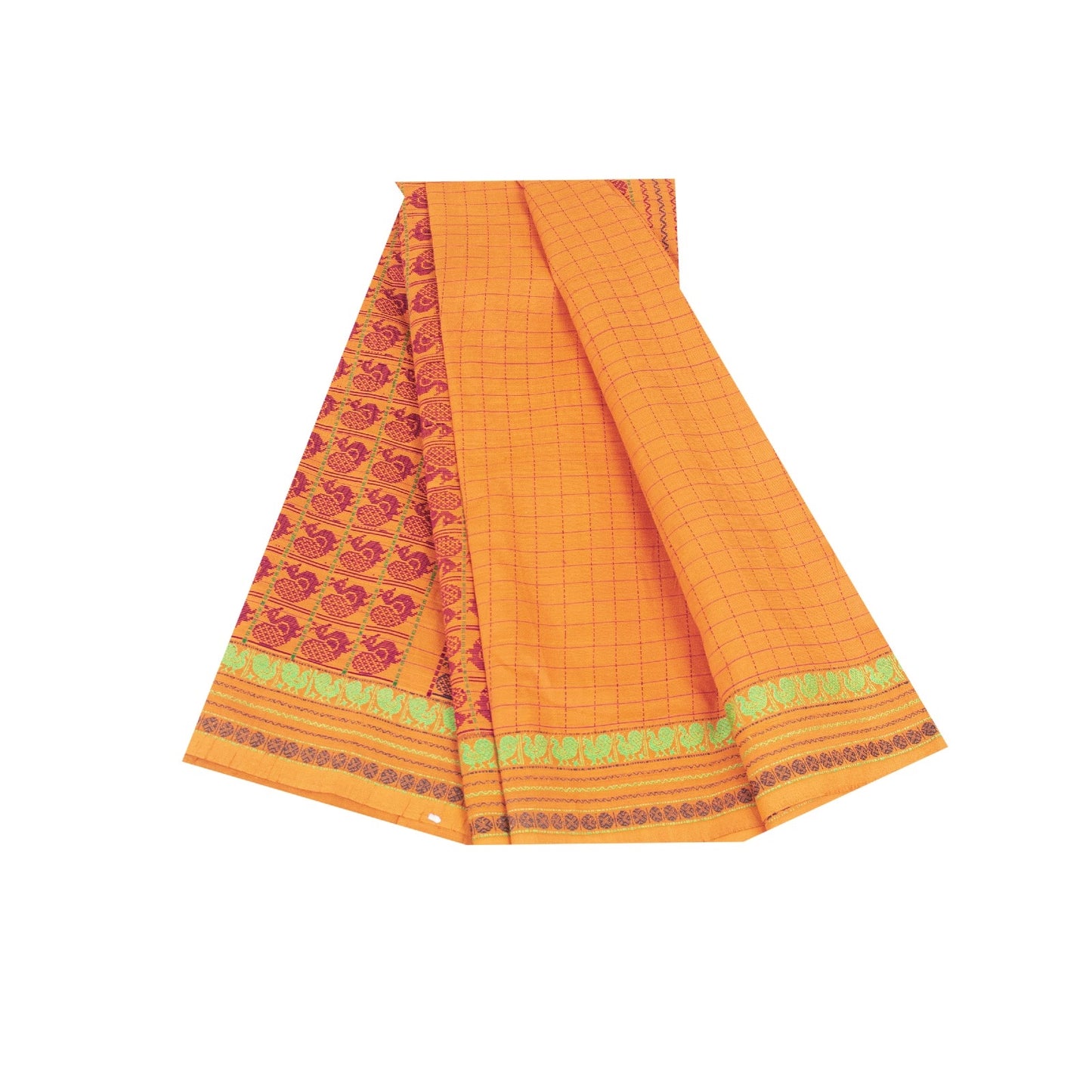 Sanskriti Vintage Sarees Yellow Pure Cotton Indian Ilkal Peacock Handwoven 5+YD