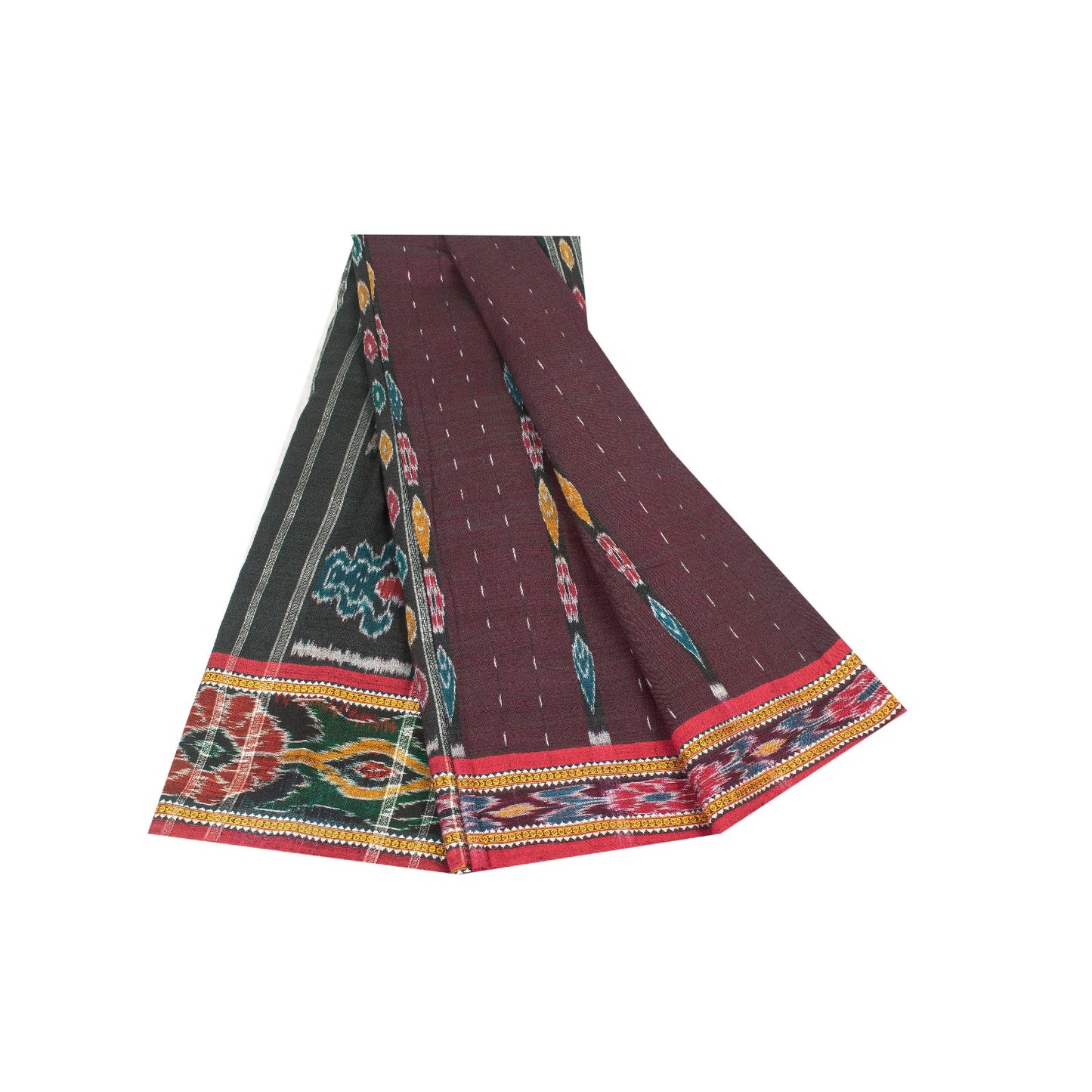 Sanskriti Vintage Sarees Dark Red Ikat Handwoven Odisha Pure Cotton 5+yd Sari