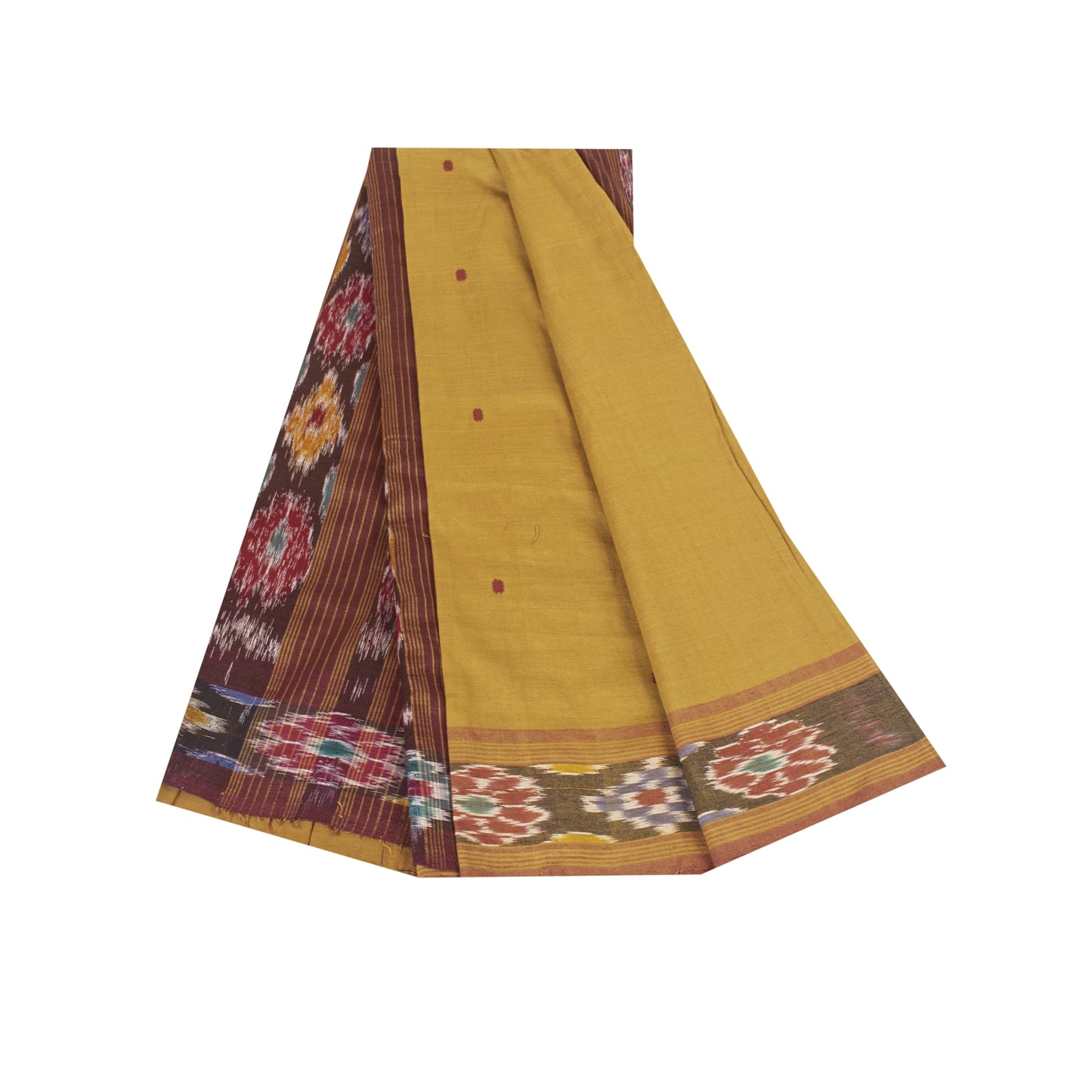 Sanskriti Vintage Sarees Mustard Ikat Handwoven Odisha Pure Cotton 5+yd Sari