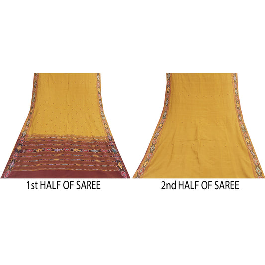 Sanskriti Vintage Sarees Mustard Ikat Handwoven Odisha Pure Cotton 5+yd Sari