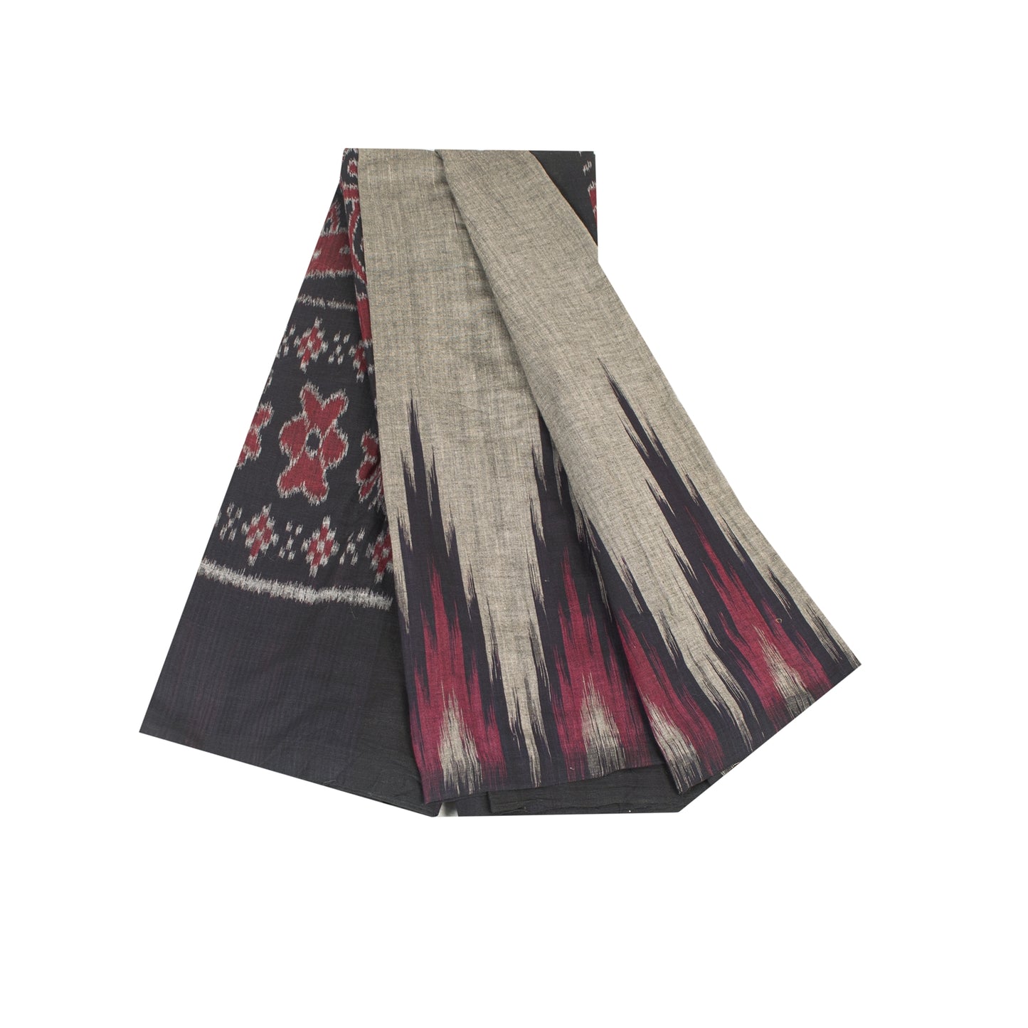 Sanskriti Vintage Sarees Gray Ikat Handwoven Odisha Pure Cotton Sari 5+yd Fabric