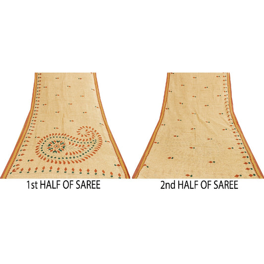 Sanskriti Vintage Sarees Cream Pure Cotton Paisley Print 5+YD Craft Supplie Sari