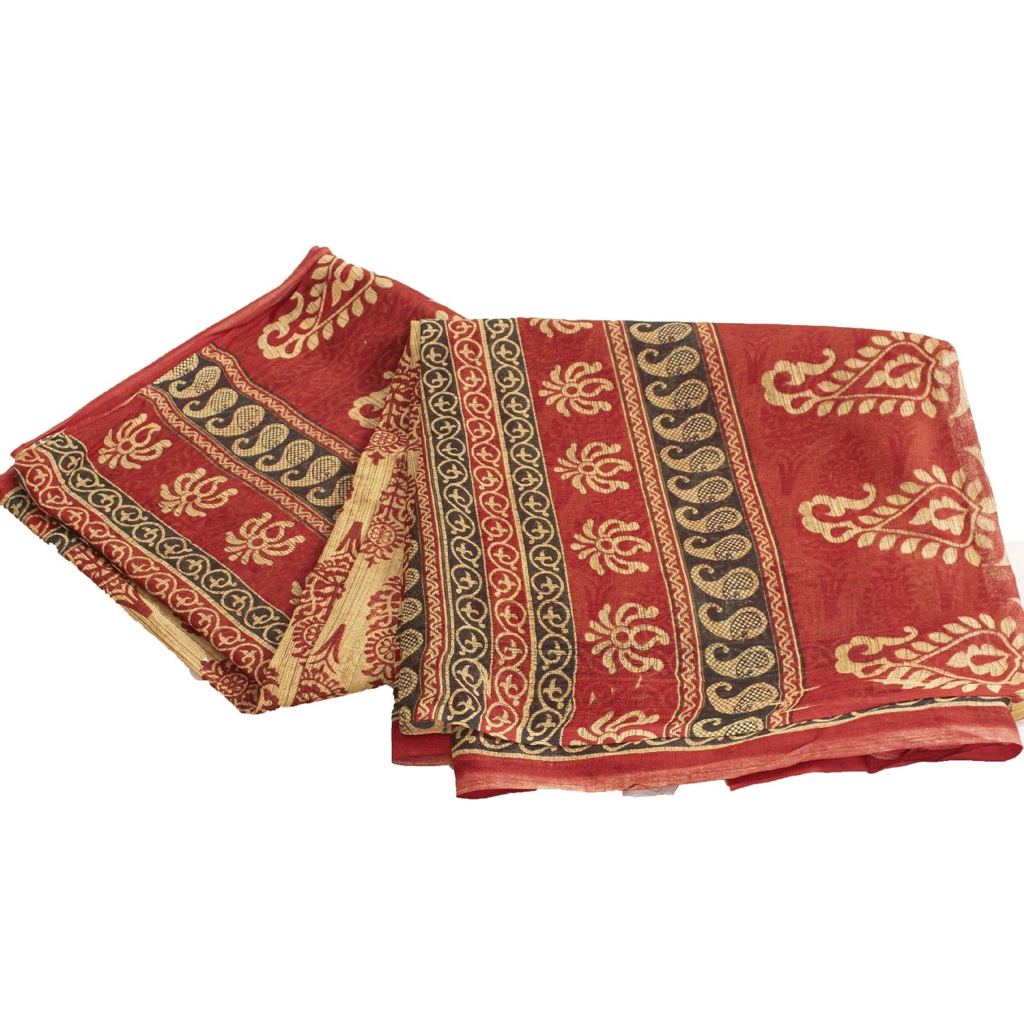 Sanskriti Vintage Sarees Cream & Red Pure Cotton Block Floral Printed 5+YD Sari