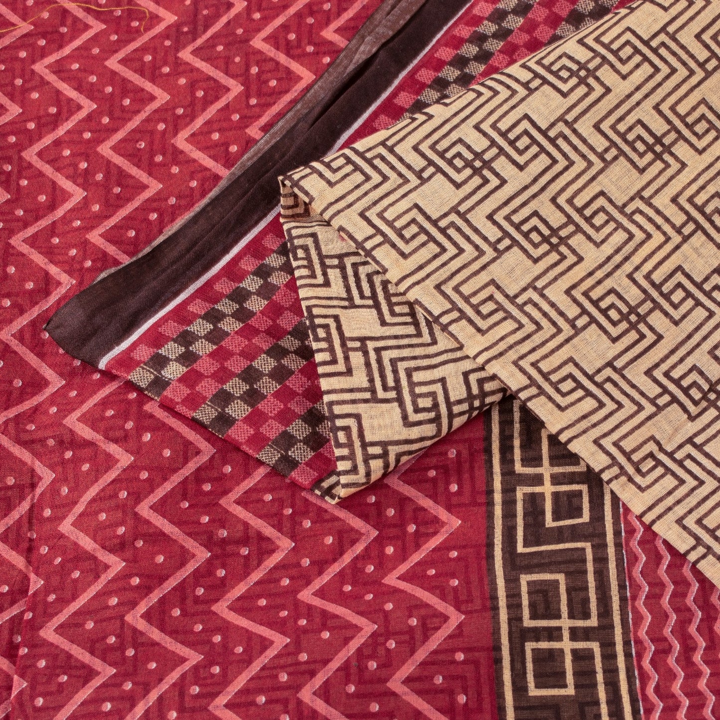 Sanskriti Vintage Sarees Brown Pure Cotton Geometric Print 5+YD Sustainable Sari