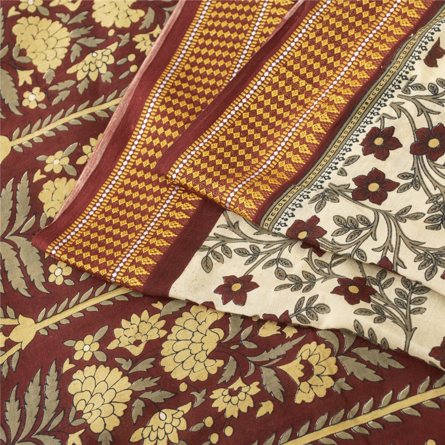 Sanskriti Vintage Sarees Ivory Pure Cotton Floral Printed Sari 5+yd Craft Fabric