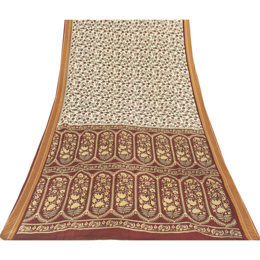 Sanskriti Vintage Sarees Ivory Pure Cotton Floral Printed Sari 5+yd Craft Fabric