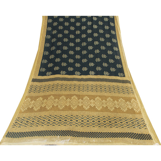 Sanskriti Vintage Sarees Black Pure Cotton Print Woven Border Sari 5+yd Fabric
