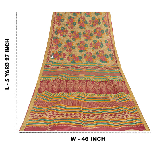 Sanskriti Vintage Sarees Indian Beige Pure Cotton Printed Sari 5+yd Craft Fabric