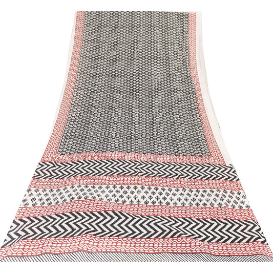 Sanskriti Vintage Sarees Black Pure Cotton Block Printed Sari 5+yd Craft Fabric