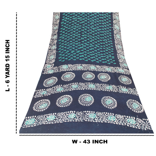 Sanskriti Vintage Sarees Blue 100% Pure Cotton Batik Work Sari 6+yd Craft Fabric