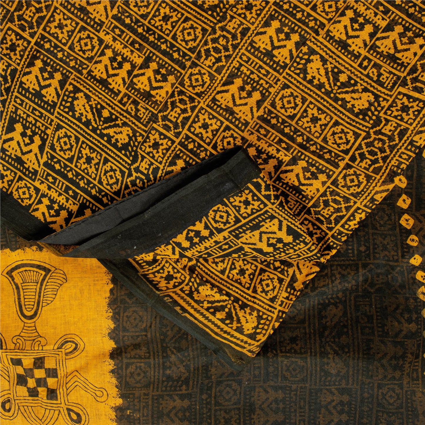 Sanskriti Vintage Sarees Black & Yellow Pure Cotton Print Sari 5+yd Craft Fabric