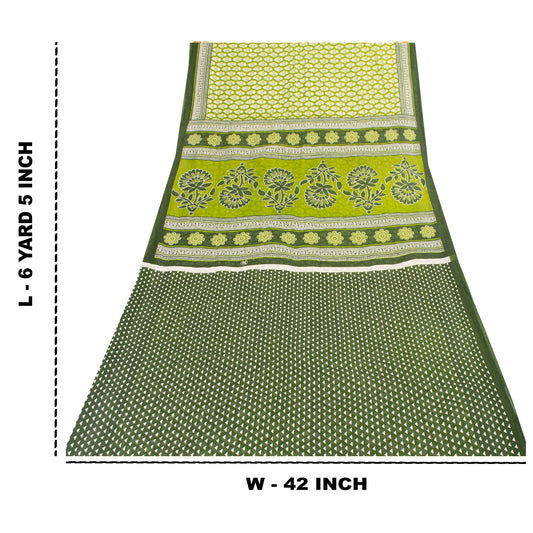 Sanskriti Vintage Sarees Indian Green Pure Cotton Printed Sari 6+yd Craft Fabric