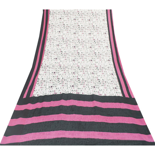 Sanskriti Vintage White-Purple Soft Pure Cotton Saree Abstract Print Sari 5.5+YD