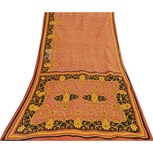 Sanskriti Vintage Sarees Orange 100% Pure Cotton Printed Sari 5+yd Craft Fabric