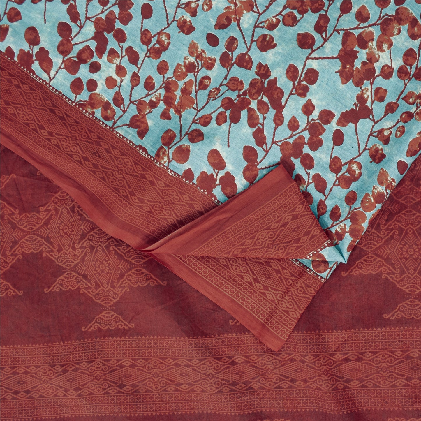 Sanskriti Vintage Sarees Blue & Red Pure Cotton Printed Sari 5+yd Craft Fabric