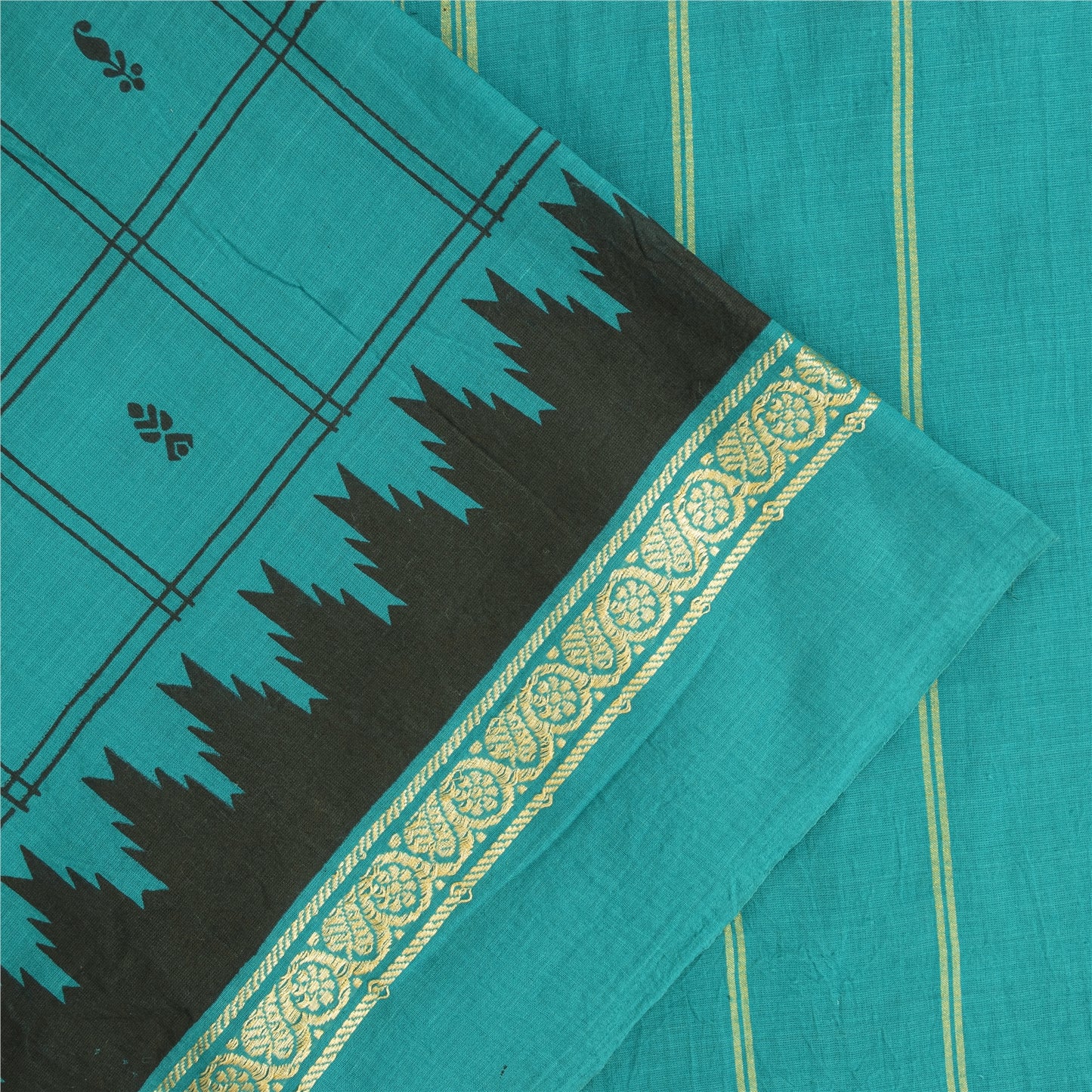 Sanskriti Vintage Sarees Green Pure Cotton Woven Printed Sari 5+yd Craft Fabric