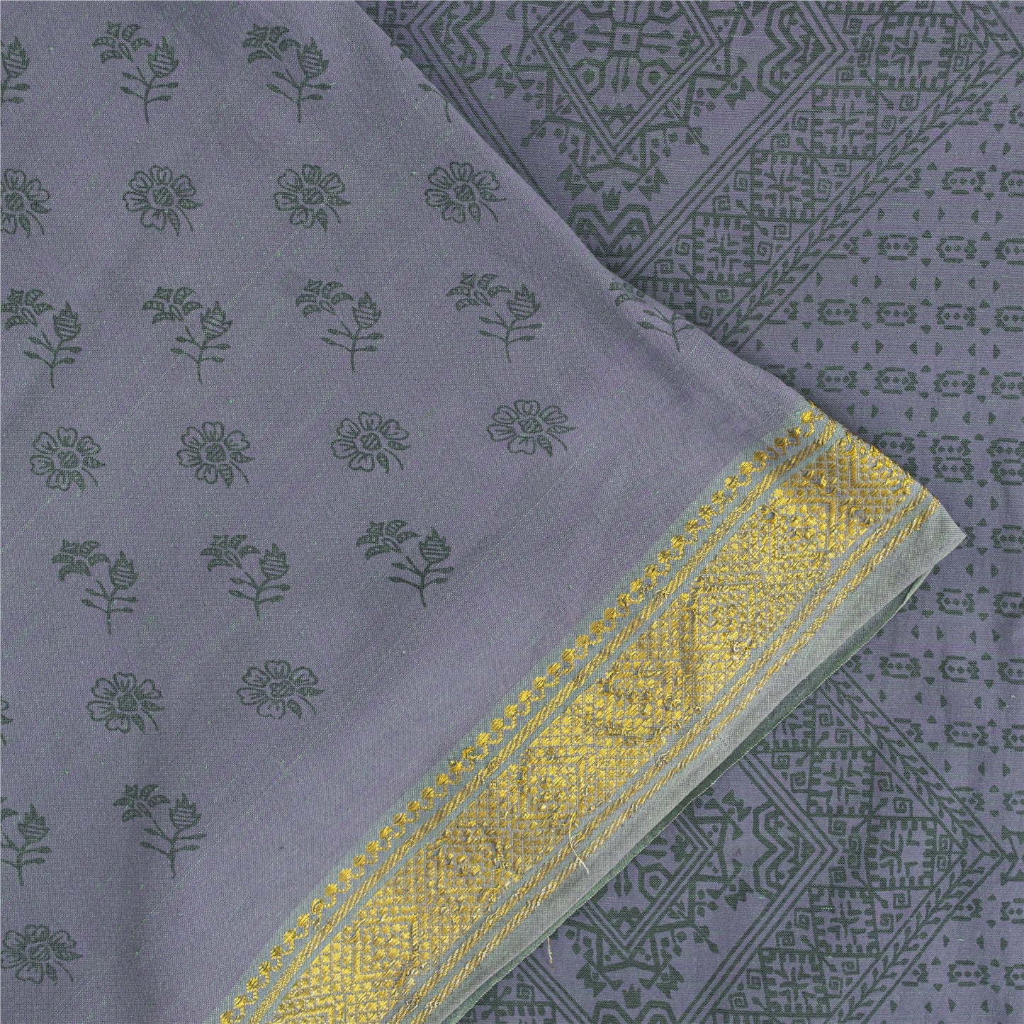 Sanskriti Vintage Sarees Lilac Zari Border Pure Cotton Printed Sari 5+yd Fabric