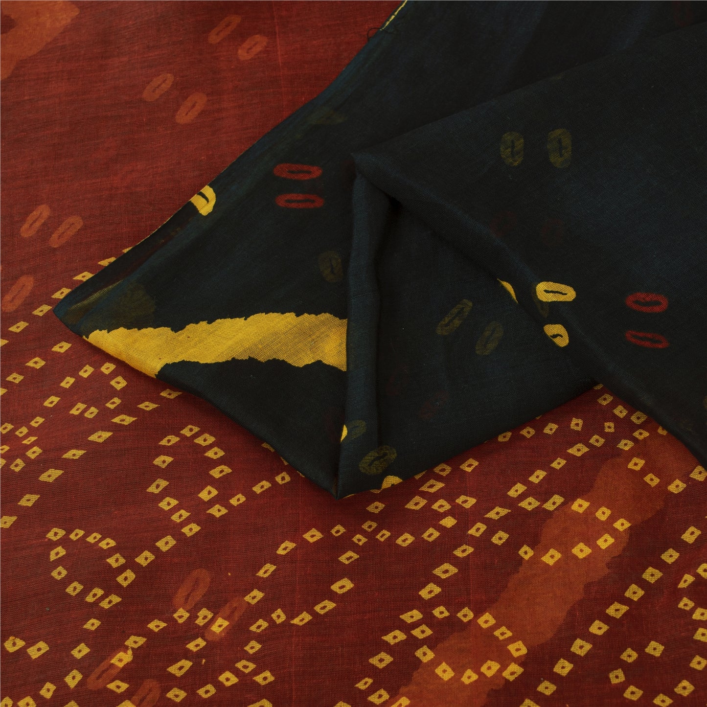 Sanskriti Vintage Sarees Black Bandhani Print Pure Cotton Sari 5+yd Craft Fabric