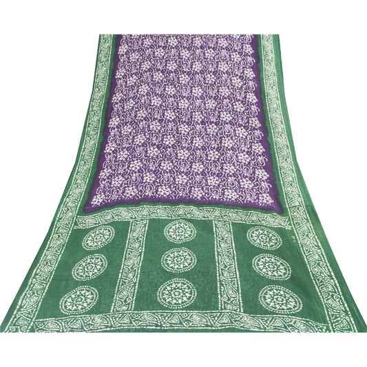 Sanskriti Vintage Sarees Purple & Green Pure Cotton Batik Print Sari 5+yd Fabric