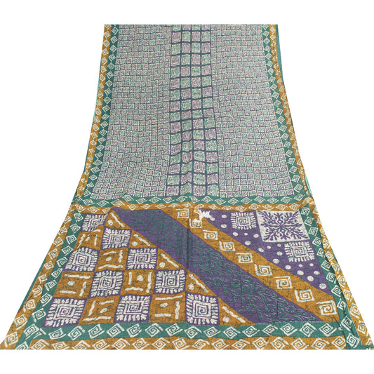 Sanskriti Vintage Sarees Indian Green Pure Cotton Printed Sari 5+yd Craft Fabric