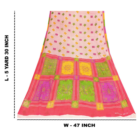 Sanskriti Vintage Sarees Red Bandhani Printed Pure Cotton Sari 5+yd Craft Fabric